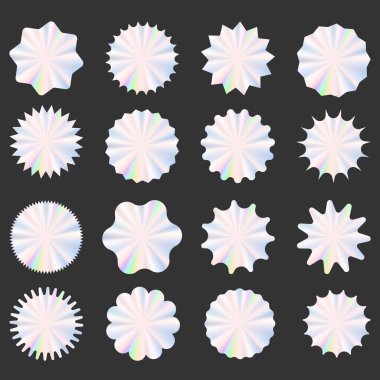 Holografik alışveriş etiketleri koleksiyonu. İndirim ya da indirim etiketi. Özel fiyat etiketi. Süpermarket tanıtım rozeti. Vektör güneş patlaması simgesi.