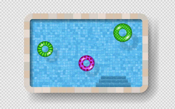 Pool. Draufsicht auf bunte Schwimmringe auf dem blauen Wasserhintergrund. Vektorillustration. — Stockvektor