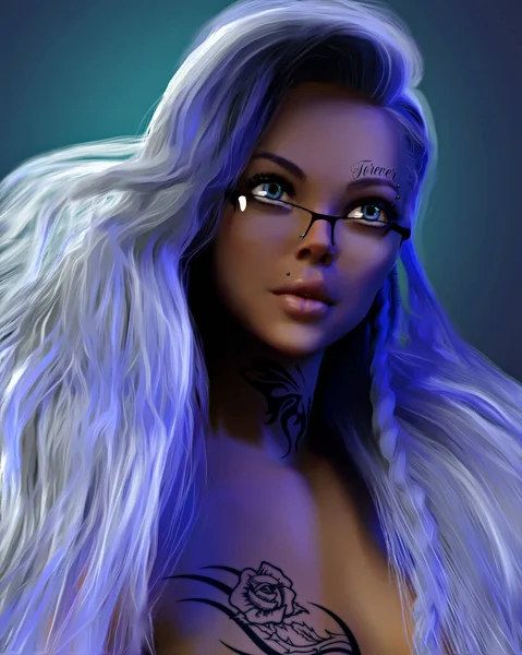 Визуализация Портрет Девушки Очках Голубыми Волосами — стоковое фото