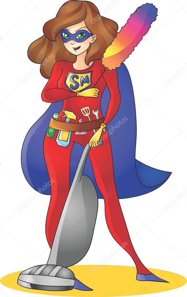 Super hero Mom - mother multitasking cleaning cooking