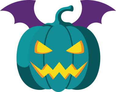 Bu vektör mor yarasa kanatları ve parlayan sarı gözleri olan deniz mavisi bir Cadılar Bayramı balkabağı gösteriyor. Neşeli bir havayla ürkütücü bir sonbahar süsü yaratıyor..