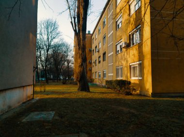 Ecseri ut 'taki bir apartmanın yüksek kaliteli şehir fotoğrafı. Sarı bir cephede altın bir sabah ışığı yakalıyor, 2026 yılında Budapeşte 'deki yerleşim ve şehir mimarisini temsil ediyor..