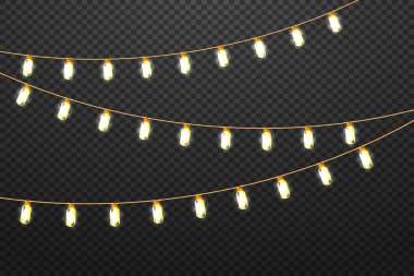 Noel lambaları, parlak çelenkler. Yılbaşı partisinin ışıkları, tatil süslemeleri. Kış tatili havası. Vektör illüstrasyonu png üzerinde izole edildi