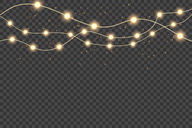 Noel lambaları, parlak çelenkler. Yılbaşı partisinin ışıkları, tatil süslemeleri. Kış tatili havası. Vektör illüstrasyonu png üzerinde izole edildi