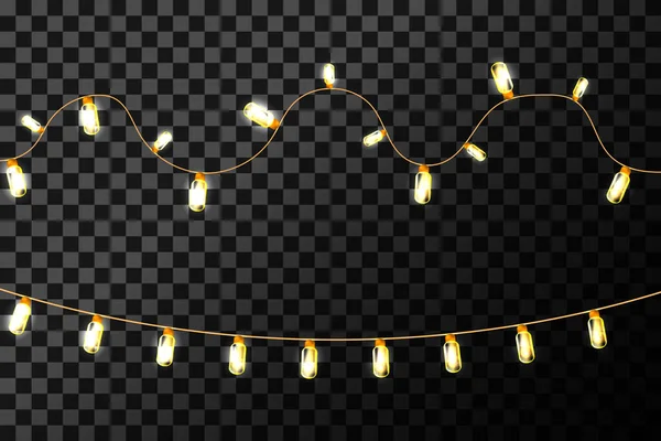 Noel lambaları, parlak çelenkler. Yılbaşı partisinin ışıkları, tatil süslemeleri. Kış tatili havası. Vektör illüstrasyonu png üzerinde izole edildi