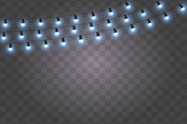 Noel lambaları, parlak çelenkler. Yılbaşı partisinin ışıkları, tatil süslemeleri. Kış tatili havası. Vektör illüstrasyonu png üzerinde izole edildi