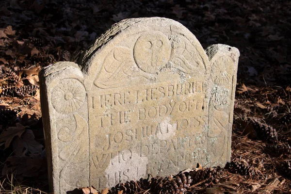 Mezar taşının ayrıntıları Sawyer Hill Gömme Alanı, Newburyport MA. 1695 'te inşa edilmiş. 1700 'lerden kalma güzel oyulmuş mezar taşı. Tarihi konum.
