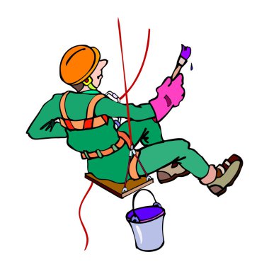 İplerle asılmış, elinde mor boyayla fırçayla yeşil üniformalı bir işçinin resmi.
