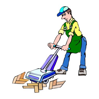 Mavi şapkalı ve yeşil önlüklü bir işçinin bir yüzeyi temizlemek için yer tamponu kullanırken ahşap bloklar etrafa saçılmış bir görüntüsü.