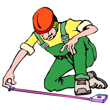 Sert şapkalı ve yeşil tulumlu bir işçinin, pembe mezura ile ölçülen bir çizimi..