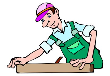 Pembe şapkalı ve yeşil önlüklü bir işçinin ahşabı testereyle kestiği bir resim.