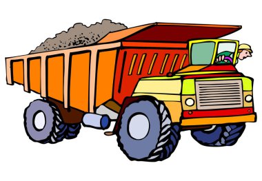 Kırmızı yataklı bir damperli kamyonun çizimi. Sert şapkalı bir işçi tarafından sürülen çakılları taşıyor.