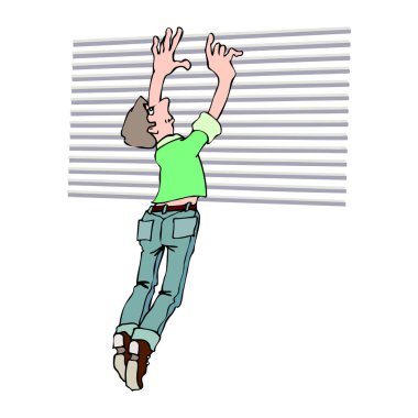 Yeşil gömlekli ve mavi kotlu bir işçinin yatay jaluzi taktığını gösteren bir resim..