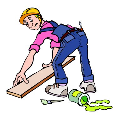 Sert şapkalı ve mavi tulumlu bir işçinin ahşap bir kalas üzerinde çalışmasının bir çizimi, yakınlarda yeşil boya dökülmüş.