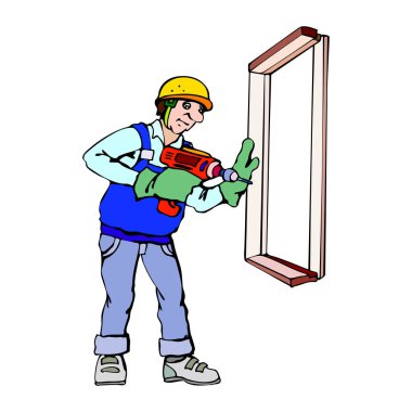 Sarı sapkalı ve mavi tulumlu bir işçinin ahşap bir pencere çerçevesini deldiğini gösteren bir resim.