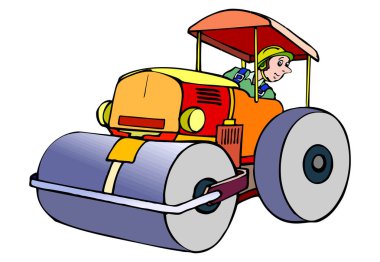 Sarı kasketli ve yeşil üniformalı bir işçi tarafından sürülen kırmızı tepe örtülü turuncu bir yol silindirinin çizimi.