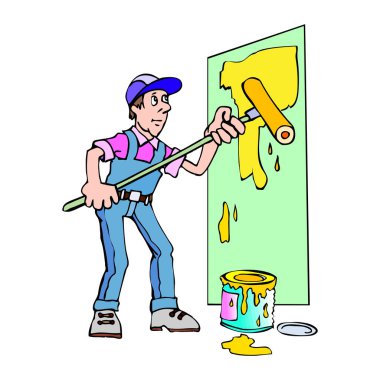 Mavi şapkalı ve mavi tulumlu bir işçinin sarı boya rulosuyla bir duvarı boyadığını gösteren bir resim.