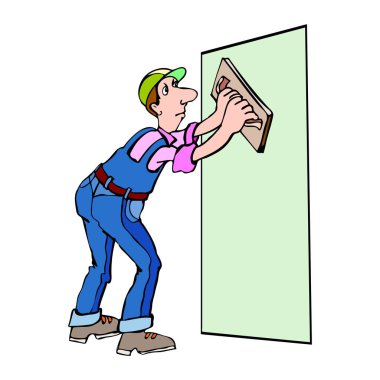 Yeşil şapkalı ve mavi tulumlu bir işçinin zımpara bloğuyla duvarı zımparaladığını gösteren bir resim.