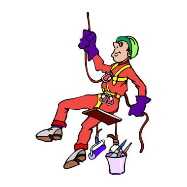 Kask takmış ve üniformalı bir işçi koşum takımına bağlanmış, boya silindiri ve fırça da dahil olmak üzere bir kova aletle donatılmış.