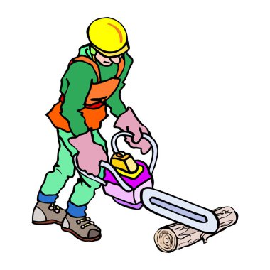 Sıkı şapkalı ve üniformalı bir işçinin güvenlik yeleği ve eldiven giyip tahta bir kütük kesmek için elektrikli testere kullandığını gösteren bir çizim.