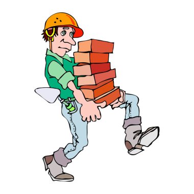 Uzun bir tuğla yığını taşıyan, kasketli ve gömlekli bir işçinin resmi.
