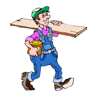 Bir omzunda ahşap bir tahta, diğer elinde boya kutusu taşıyan kep ve tulumlu bir işçi.