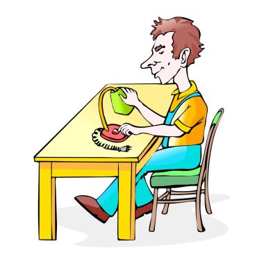 Soyut bir vektör illüstrasyonunda, Masa 'da çizgi film tarzında üniforma tamir masası lambası takan bir işçi görülüyor.