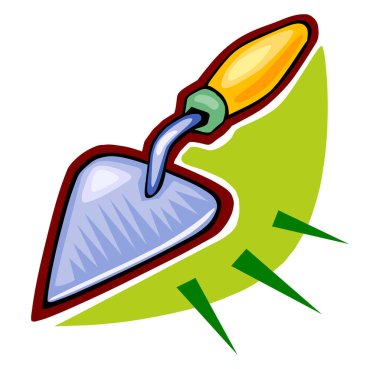 Çizgi film tarzında yeşil arkaplana karşı mavi ve sarı saplı bir malanın çizimi.