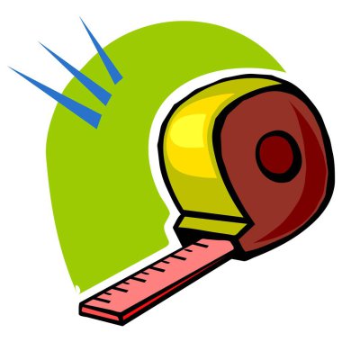 Kahverengi gövdeli, sarı kaplamalı ve çizgi film tarzında pembe bantlı bir mezura.