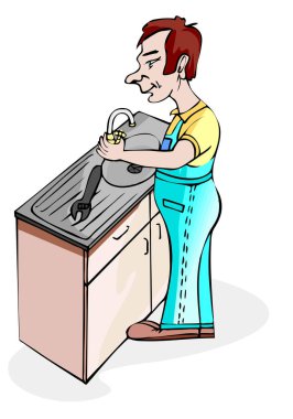 Gömlek ve tulum giyen bir tesisatçının çizimi. Lavaboyu muslukla tamir etmek için İngiliz anahtarı kullanıyor.