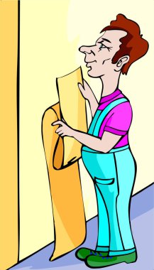 Gömlek ve tulum giyen bir işçinin duvar kağıdını duvara dayadığı bir resim.