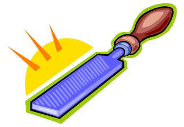 Sarı saplı ve mavi bıçaklı Rasp kesim dosya aracının bir çizimi, yeşil arka planda ayarlanmış