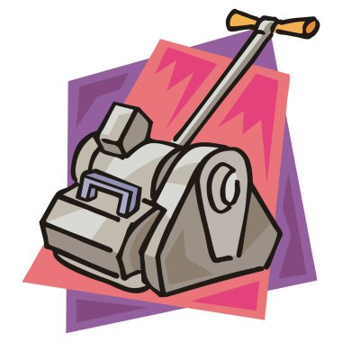 Çizgi film tarzında sarı saplı, gri gövdeli bir kazıma makinesinin çizimi.