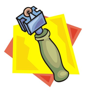 Mavi gövdeli cam kesici bir aletin çizimi, çizgi film tarzında yeşil saplı. 