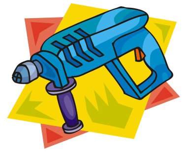 Mavi gövdeli bir çekiç matkabı, mor saplı ve çizgi film tarzında turuncu tetik.