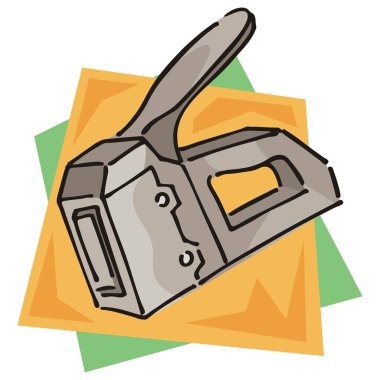 Çizgi film tarzında geometrik şekillerin katmanlı arka planına dayanan gri bir zımba çizimi.