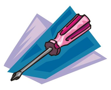 Gri bıçaklı, çizgi film tarzında pembe saplı Phillips tornavidasının bir çizimi.