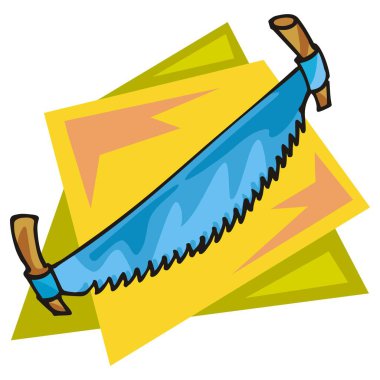 Çizgi film tarzında mavi saplı ve kahverengi saplı iki saplı bir testere çizimi.