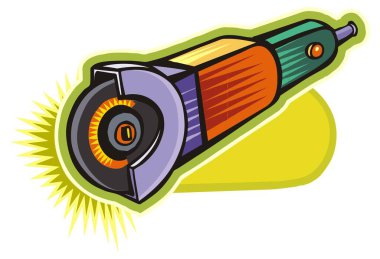 Çizgi film tarzında yeşil saplı, turuncu gövdeli ve gri bıçaklı bir açı öğütücü.