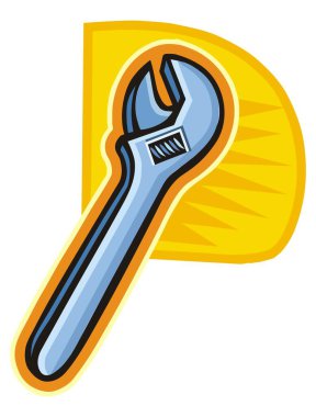 Çizgi film tarzında mavi gövdeli bir İngiliz anahtarının çizimi.