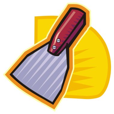 Çizgi film tarzında kırmızı saplı ve mavi bıçaklı bir macun bıçağının çizimi.