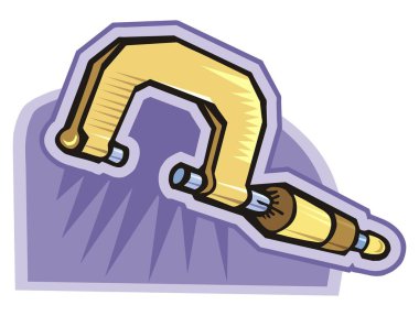 Çizgi film tarzında sarı gövdeli ve kahverengi saplı bir C-klemp çizimi.