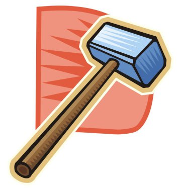 Çizgi film tarzında mavi başlı ve kahverengi saplı bir balyoz çizimi.