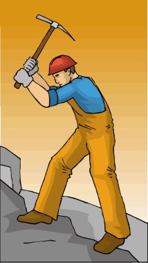 Soyut bir vektör illüstrasyonunda bir Madencinin çizgi film tarzında çalıştığı görülüyor