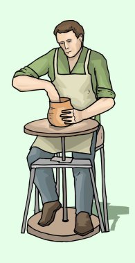 Çömlekçinin önlük taktığı, çömlek çarkında kil çömlek şekillendirdiği bir resim.