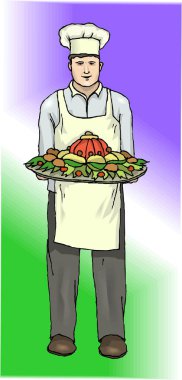 Şapka ve önlük takan, elinde süslü bir tabak taşıyan bir şefin resmi.