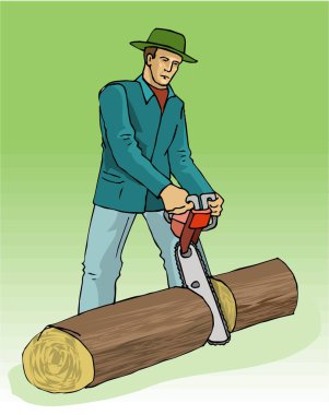 Kütük kesmek için testere kullanan bir oduncunun çizimi