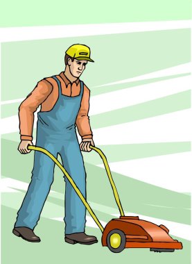 Vektör illüstrasyonu, çizgi film tarzında biçme makinesiyle biçilen İşçi Çimlerini gösteriyor