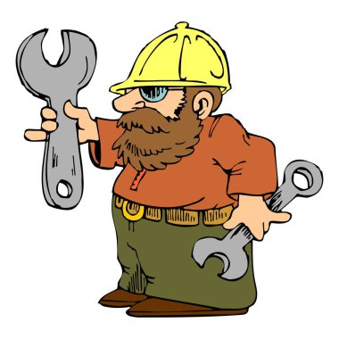 Sakallı bir tamircinin resmi, iki büyük anahtar tutuyor, belinde alet kemeri var.