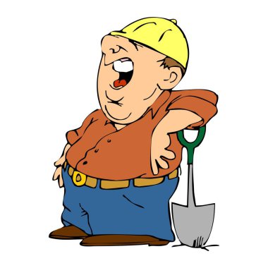 Esneyen bir inşaat işçisinin tasviri, sapı mavi pantolon ve kahverengi kemer giymiş bir küreğe yaslanmaktır.